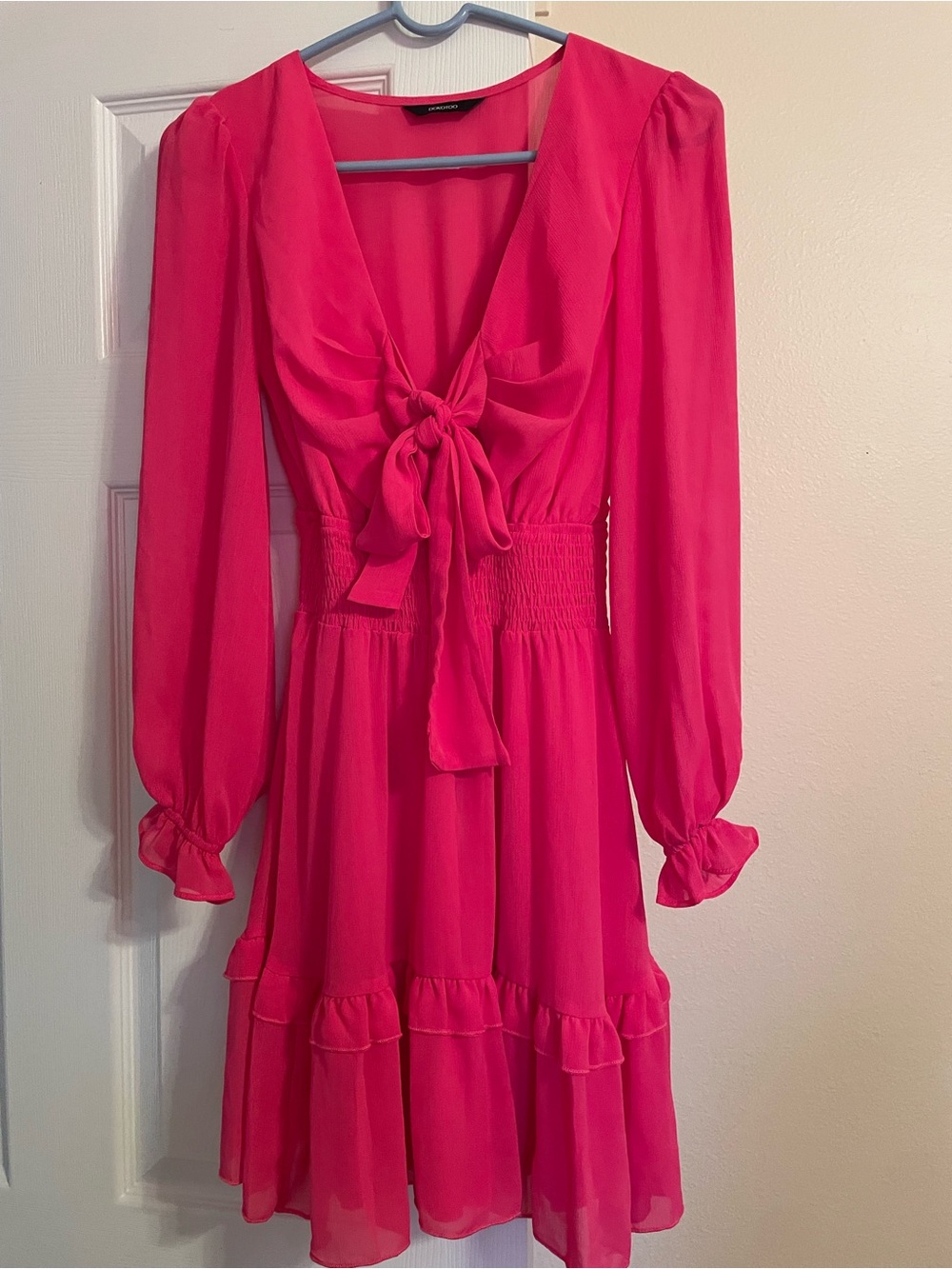 Fuchsia Long-Sleeve Tie-Front Midi Dress